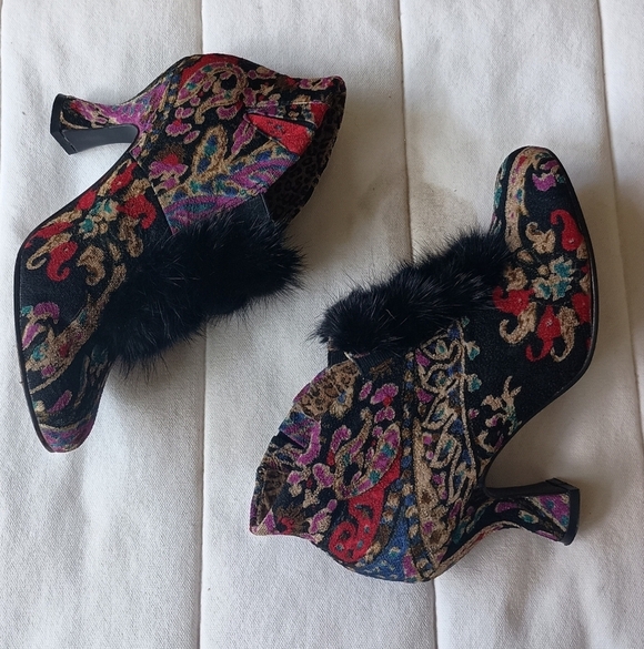 Baci Shoes - Baci Colorful Patterned Victorian Style Ankle Boots with Black MINK Fur Trim_6